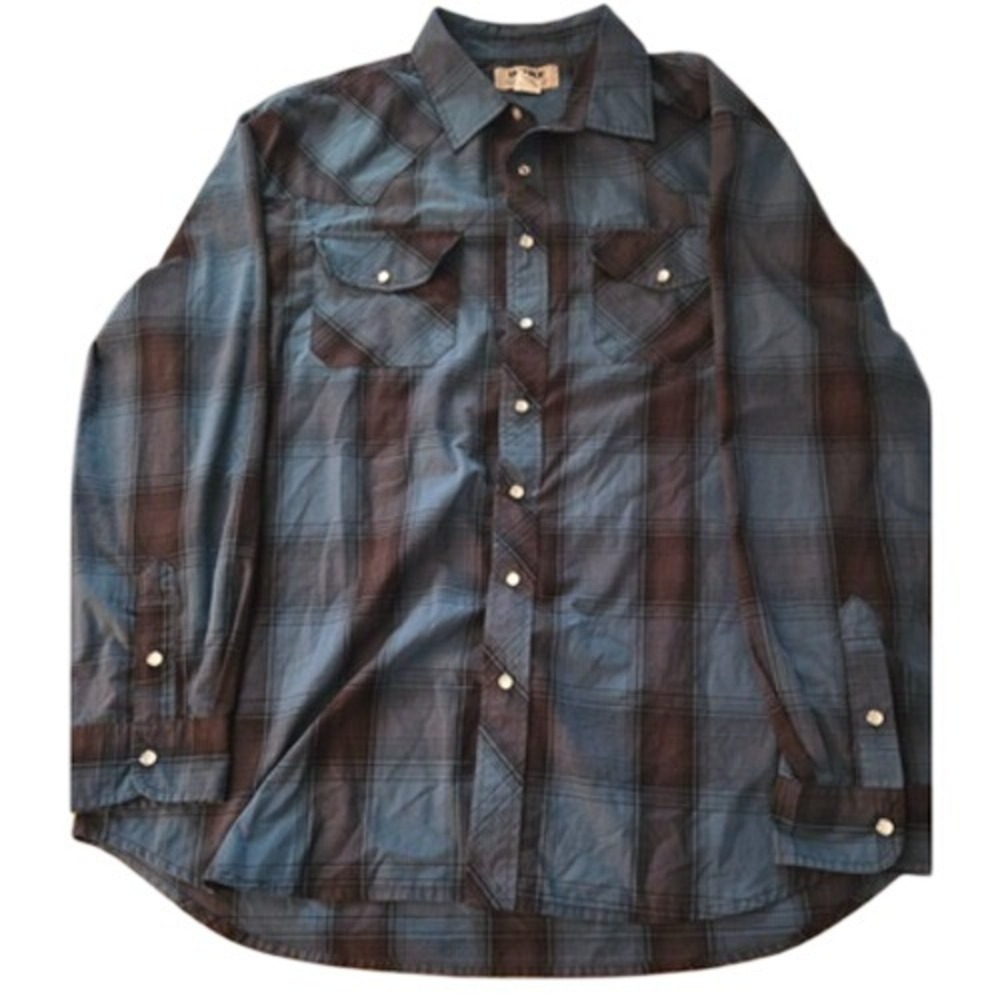 Duke Haband Plaid Western Snap Button Long Sleeve Shirt Blue Brown Size L